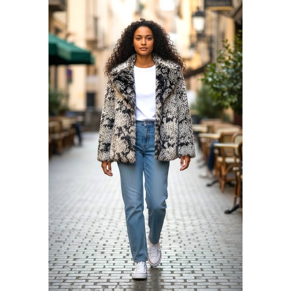(F-174) Dennis Basso Faux Fur Coat QVC Women XXS Black White Leopard Jacket‎ New